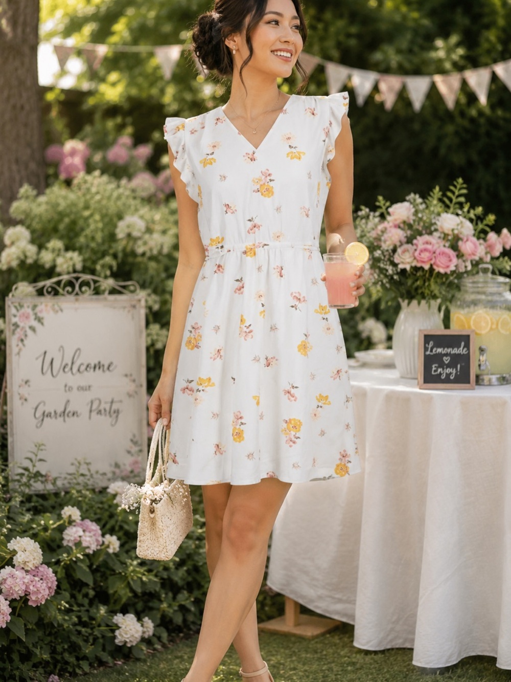 LOFT Outlet White Floral Flutter Sleeve Dress NWT